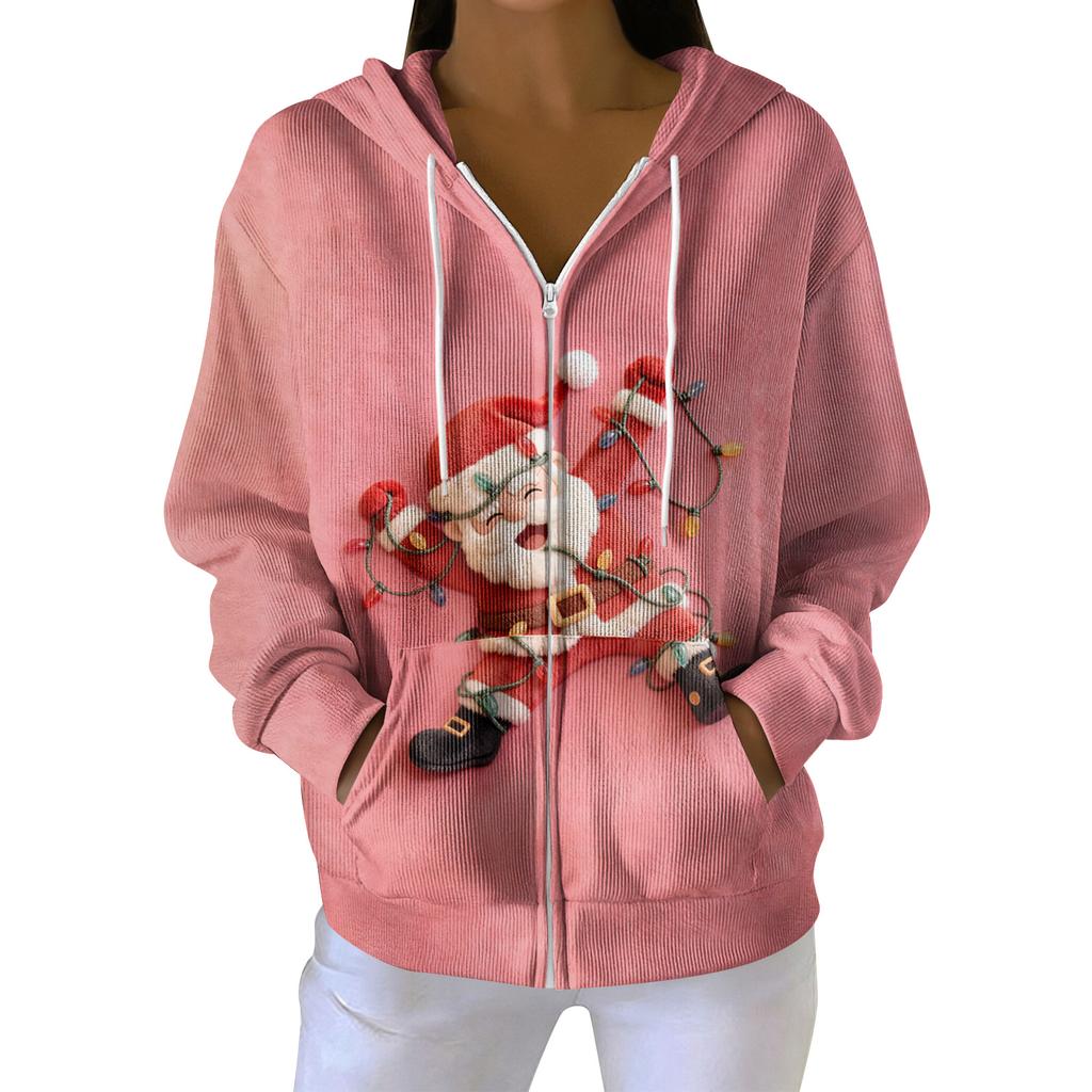 Dámská ležérní módní pletená mikina s kapucí na zip s dlouhým rukávem a vánočním potiskem