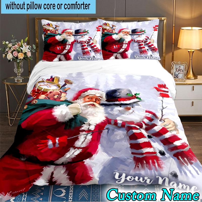 Custom Name 3PCS Santa Snowman Friendship Bedding Set,Including Duvet Cover And 2pcs Pillowcases Perfect for Bedroom,Dormitory,Fan Christmas Gift
