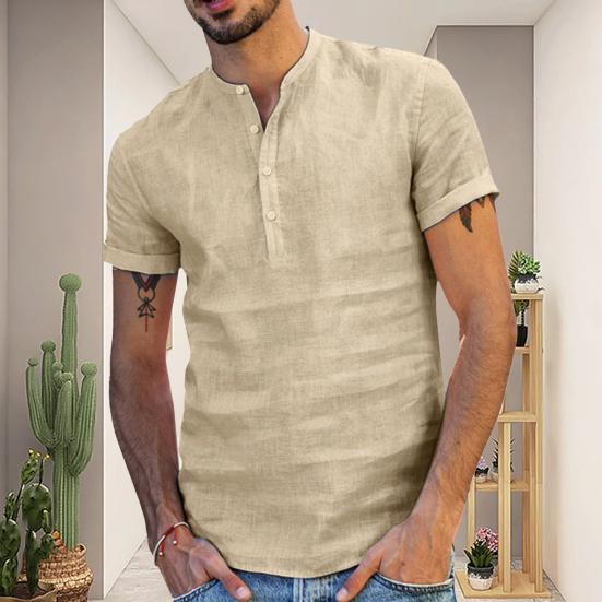 Camicia Estiva da Uomo Tinta Unita Collo Alto Bottoni Maniche Corte Sottile Abbigliamento Quotidiano Vestibilità Slim Scollo a V Top Estivo da Uomo Indumento da Uomo