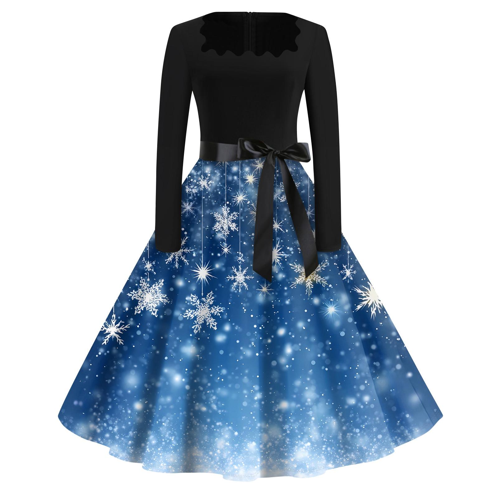 

Рождественский принт расклешенное платье для женщин платье с длинным рукавом ажурное вечернее повседневное платье с квадратным воротником XXL