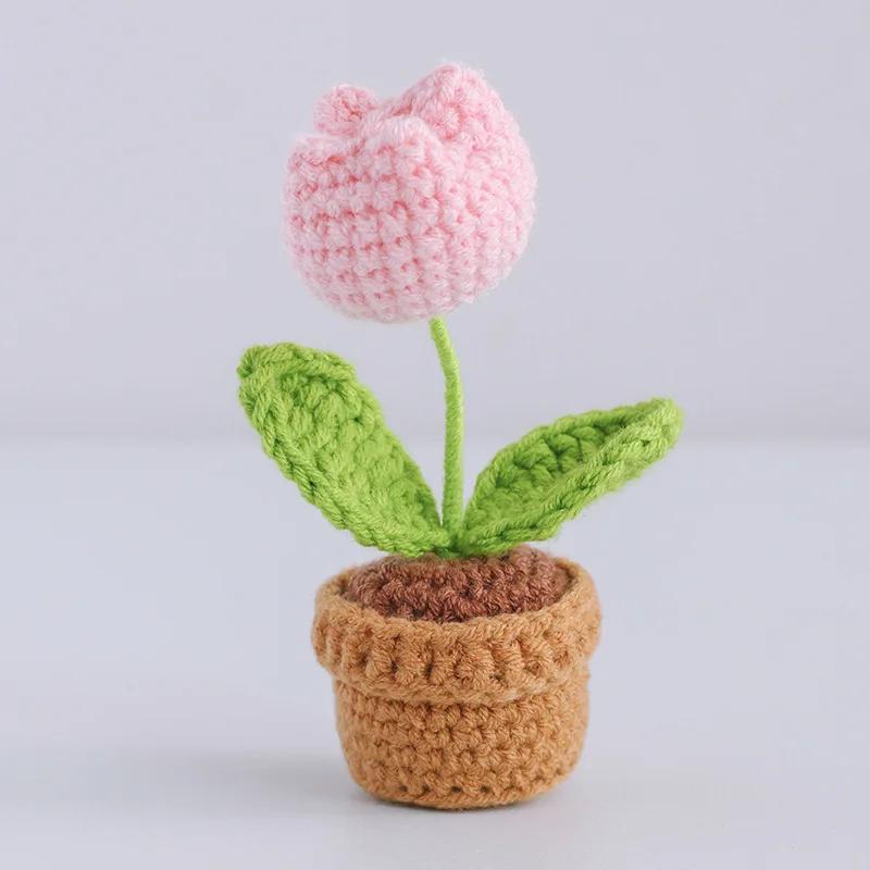 Crochet Sunflower Potted Finished Handmade Flower Kintted Plant Creative Fake Flower Cute Car Desk Decor  Gift