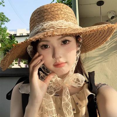 Lace Strap Large Brim Straw Hat Women's Summer Travel Sun Protection Sun Hat Seaside Beach Hat Vacation Hat