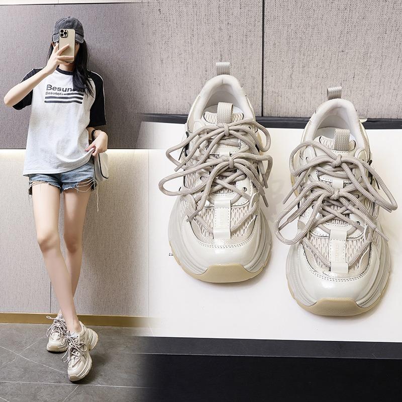Leather dad shoes women's thick-soled heightened mesh breathable sneakers casual lace-up student shoes women