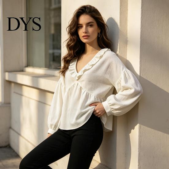Lockere Bluse Damen Rüschen V-Ausschnitt Bluse, Laternenärmel Festliches Lässiges Oberteil, Profil Falten Einfarbige Hemdbluse für Herbst Dame