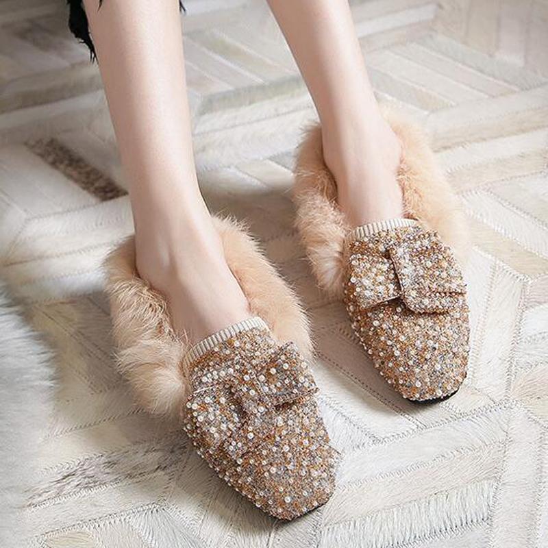 

Модные корейские балетки из пушистого кроличьего меха для женщин с блестящим бантом, мокасины с мехом, женские теплые лоферы из овчины, обувь для босиком, зимняя 4.5 золотой