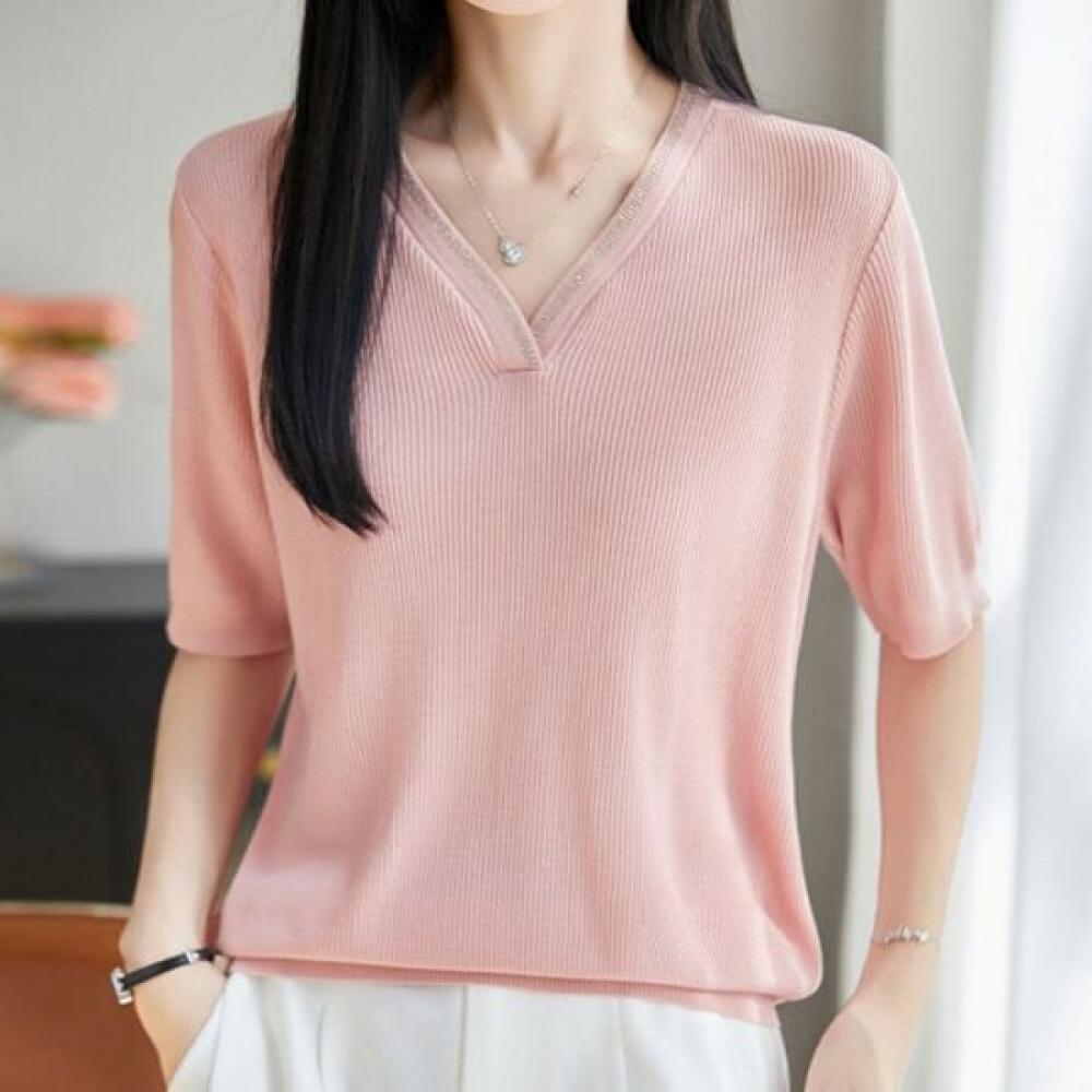 NaVaVa Women Simple Ribbed V Neck Half sleeVe KniT T shirT Nk3694