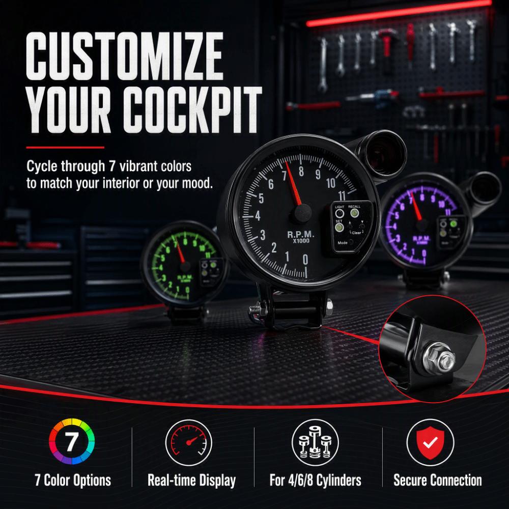 5 Inch Diameter Tachometer Gauge 7 Color Display LED Shift Light Tachometer Vehicles