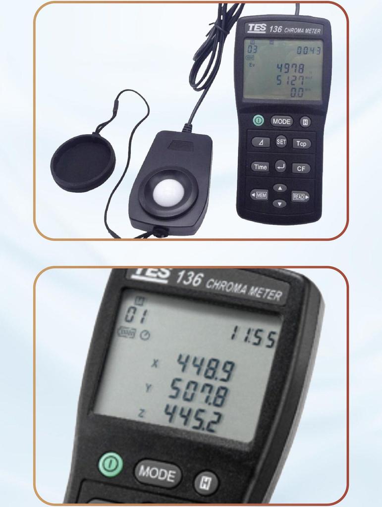 TES-136 Illuminance Meter: Color Temperature, Data Memory & Readout, Light Source Measurement.