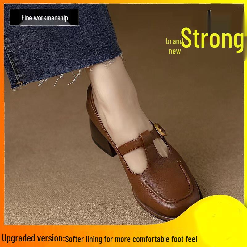 

Женские туфли 2023 года в британском стиле на массивном каблуке, ретро, из коричневой кожи, с квадратным носком 36