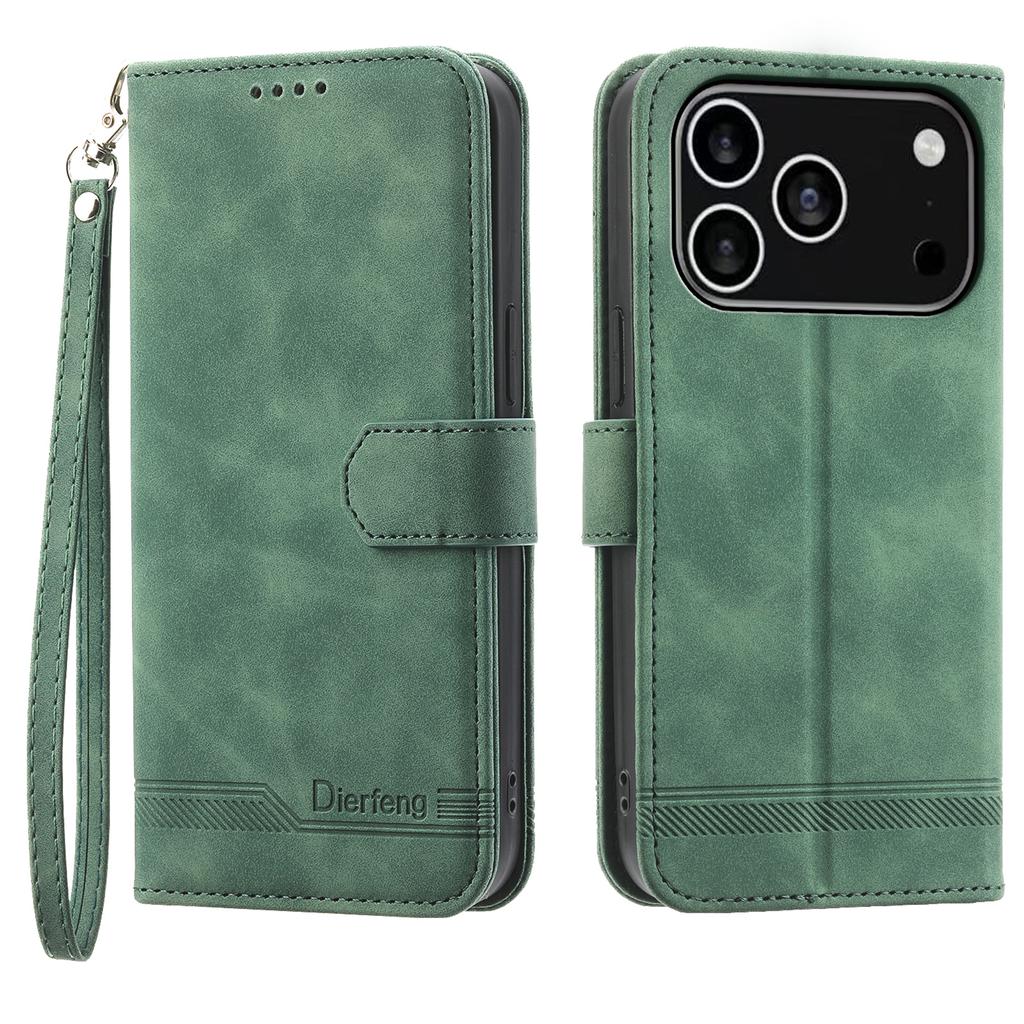 DIERFENG DF-03 For iPhone 17 Pro Case Lines Imprint Wallet Leather Phone Cover with Wrist Strap