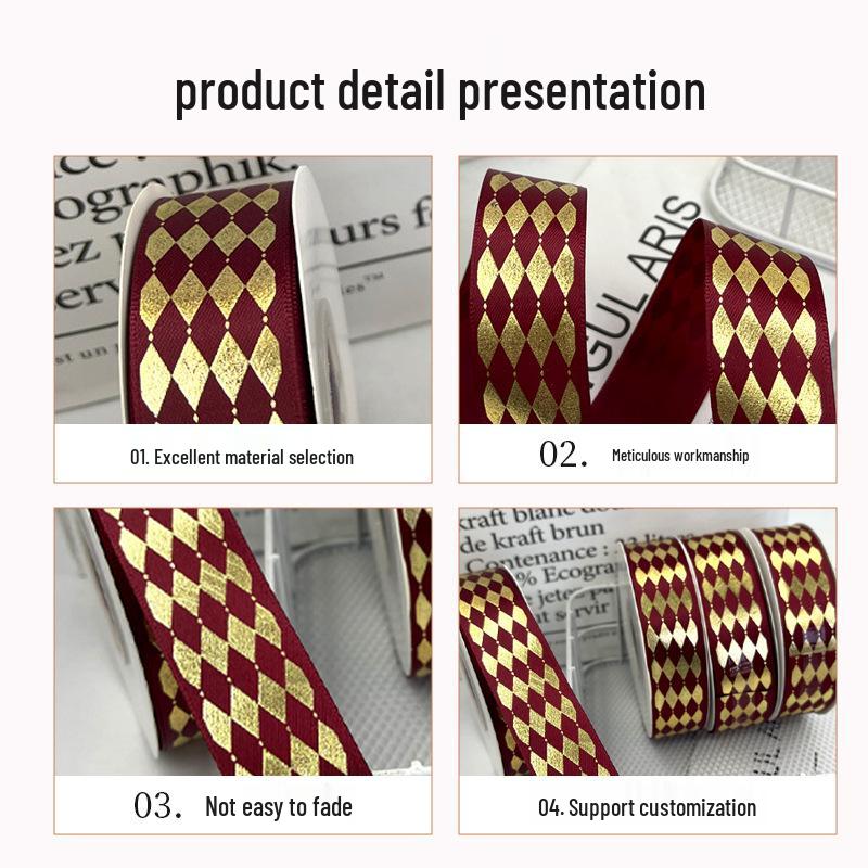 2.5" Diamond Grid Gold Foil Satin Ribbon for DIY Hair Accessories, Gift Bows, and Festival Decorations.