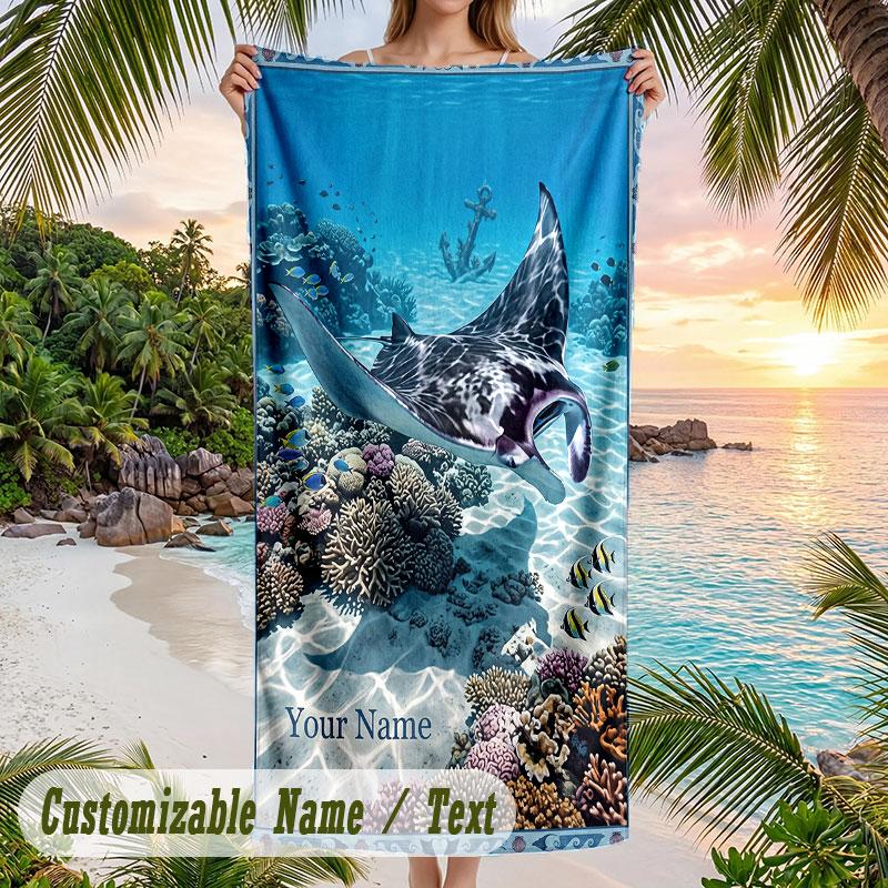 Underwater Friends Adventure Theme Quick Dry Beach Towel Custom Name Text Print Large Sand Resistant Towel Beach Vacation