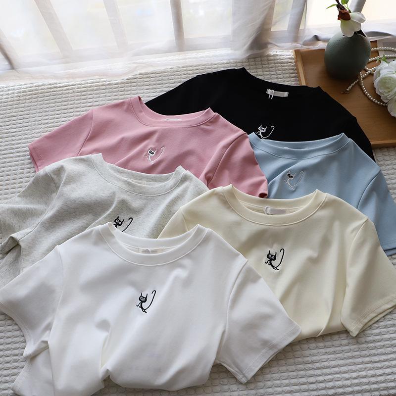 

2025 Korean Style Cartoon Embroidery Slimming Short Sleeve Women s T-Shirt One Size