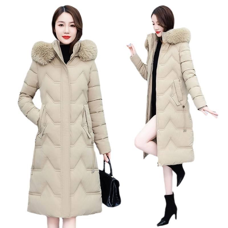 Middle-aged and elderly, big fur collar, hooded cotton-padded clothes for women, long over-knee thickened warm cotton-padded jackets, middle-aged mo