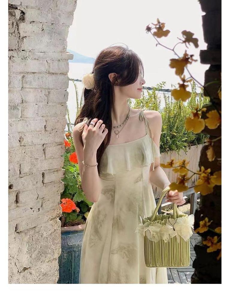 2024 Korean Style Sleeveless Ruffled Print Long Slim Fit Dress