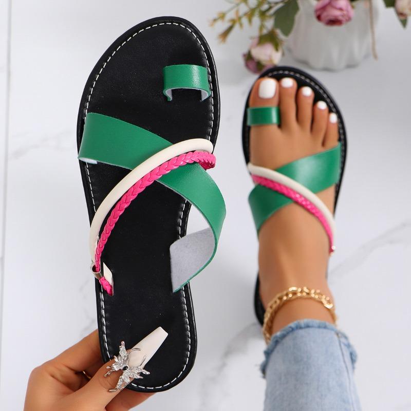 2024 Summer Hot Selling Women's Shoes Color Block Toe Women's Flat Shoes Fashion Large Size Casual Low Heel Beach Slippers