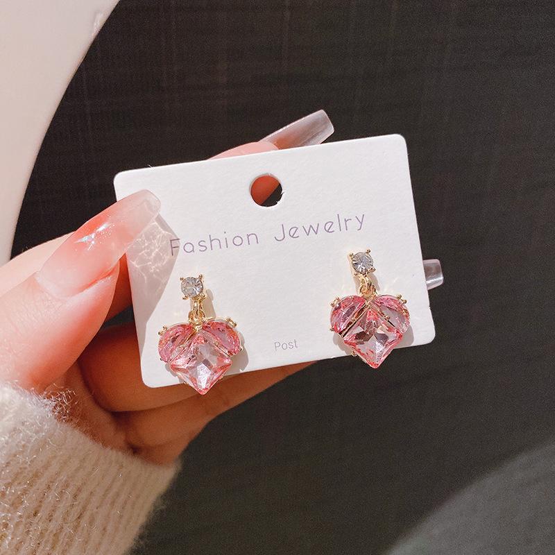 Pink love silver needle stud earrings femininity simple peach heart earrings light luxury niche design senior earrings