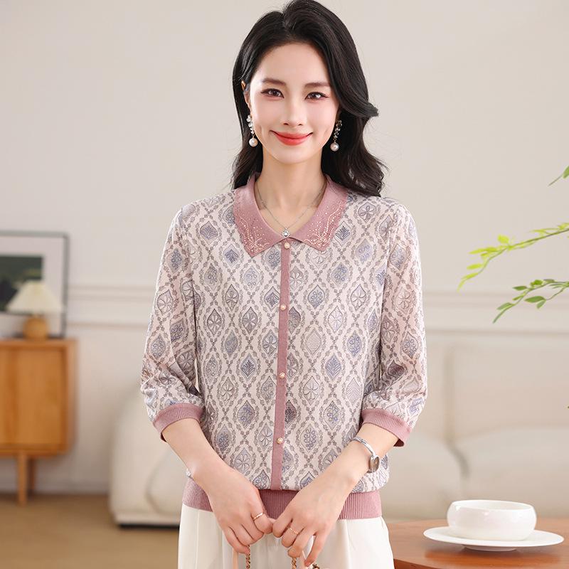 

Elegant Ice Silk Knit Top - Seven-Sleeve, Stand Collar, Loose Fit for Middle-Aged and Elderly Women, Spring/Summer Wear 5XL (150-165 lbs) синій