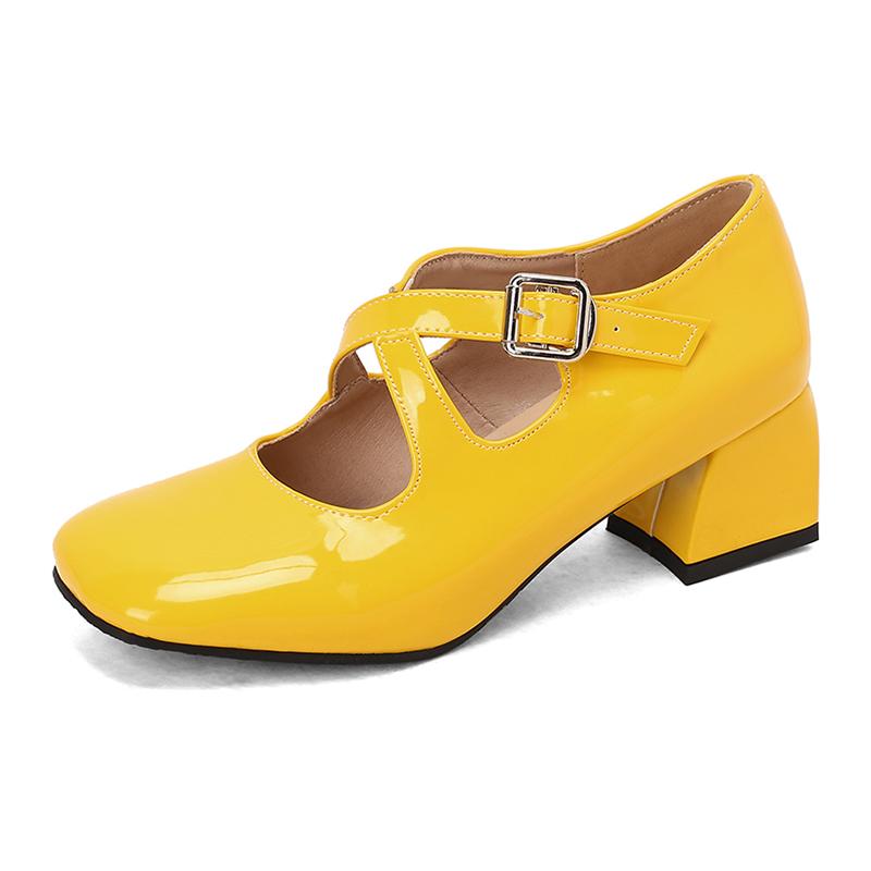 Women Mary Jane Pumps Patent Leather Lolita Shoes Med Heels Chunky Style 2025 Cross Strap Decor Comfort Square Toe Footwear