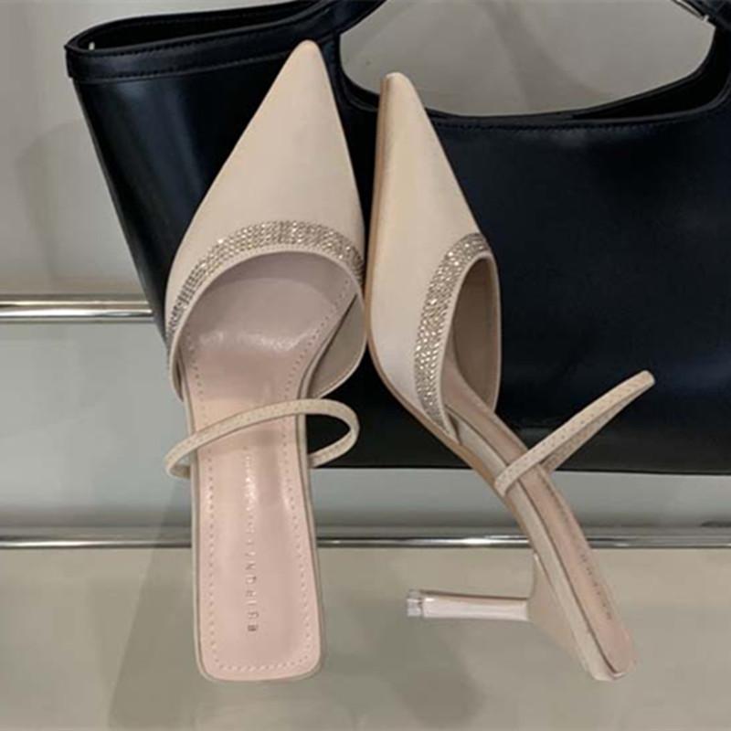 Fashion Luxury Satin Rhinestone Decorated Slide Heeled Sandal Women Sexy Pointed Toe Back Strap High Heels Summer Elegant Women Slippers