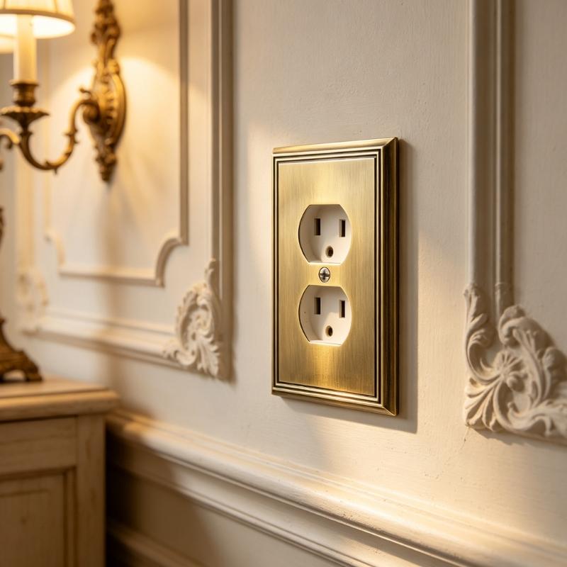 Electroplated Wall Outlet Cover Plate with Stepped Decorative Border for Indoor Wall Detail and a Unified Metal Finish