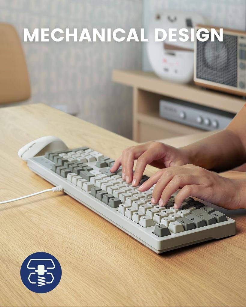 Perixx PERIBOARD-108RD Full-Size Mechanical Keyboard with Gateron Red Switches, Retro GrayWhite, US English Layout