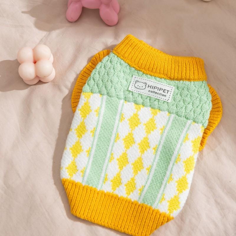 Knitted Dog Sweater With Pineapple Colorblock Grid Design Small Breeds
