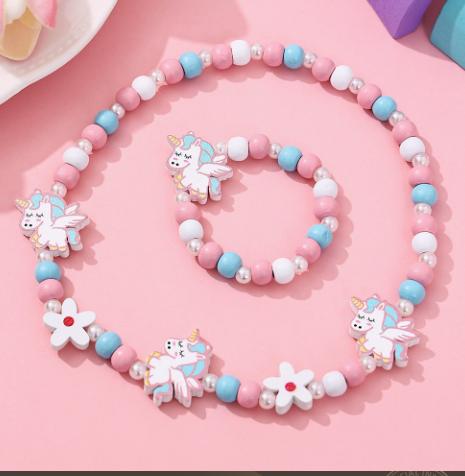 Children s Wooden Bead Necklace and Bracelet Set - Colorful Design for Kids one size розовый