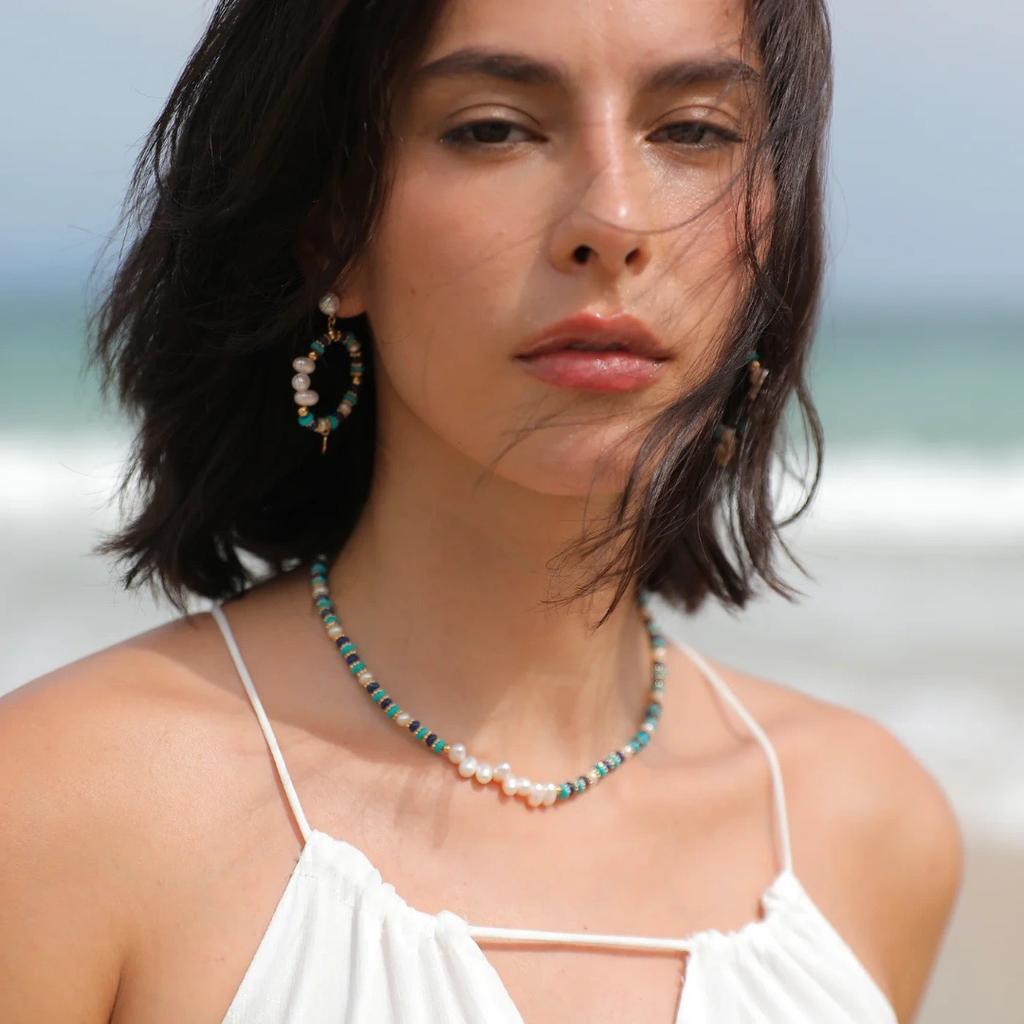 Summer Fresh And Elegant Turquoise Blue Turquoise Beaded Freshwater Pearl Collarbone Chain Niche Temperament Necklace Women
