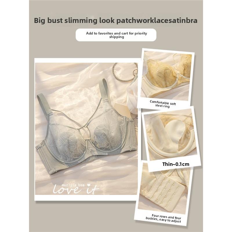 Shaping Lace Soft Underwire Bra, Sponge-Free Thin Cup Bust Minimizer Side Gathering Anti-Sag Full Bust Women Bra