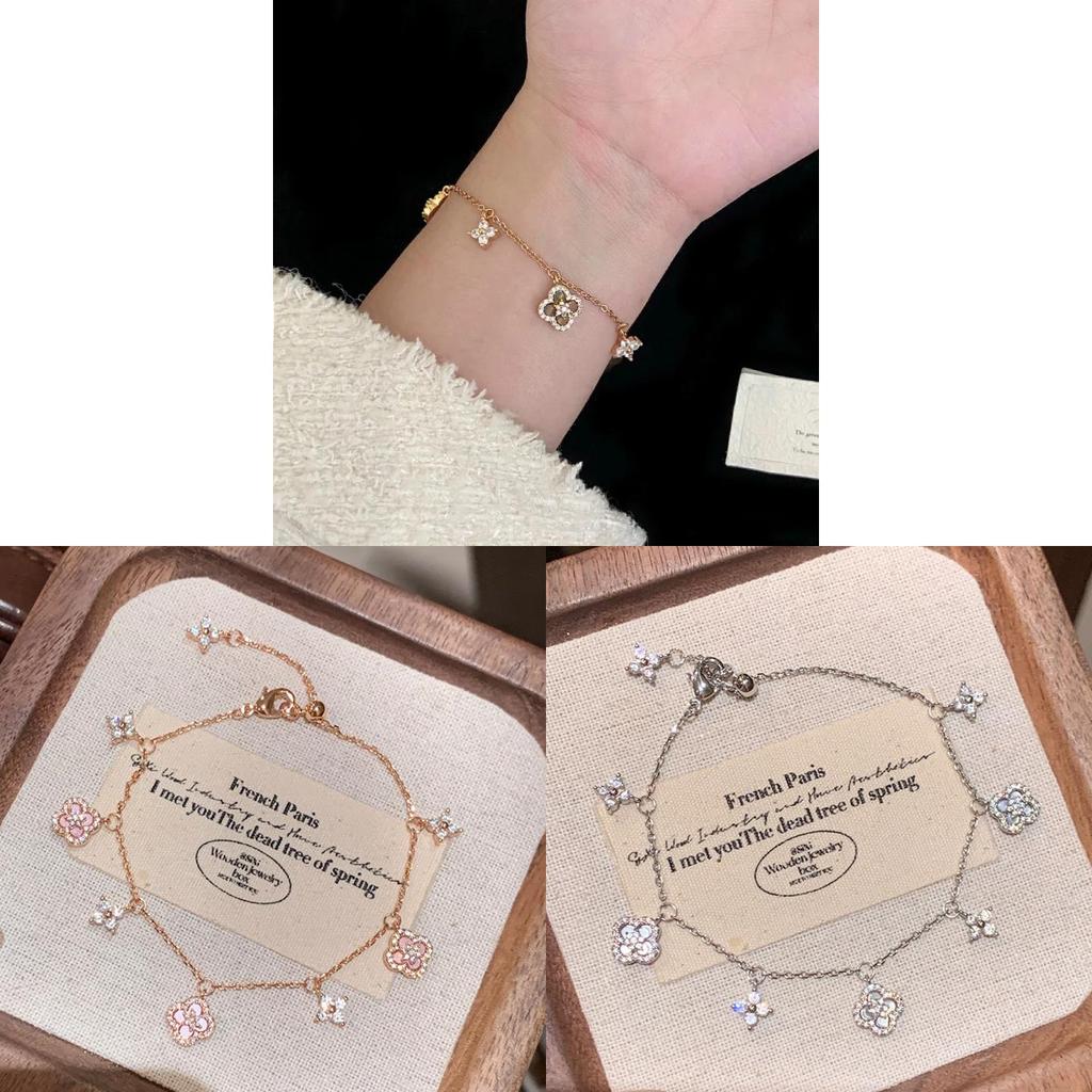 Vintage Französisches Zirkon Perlmutt Kleeblatt Floral Armband für Damen