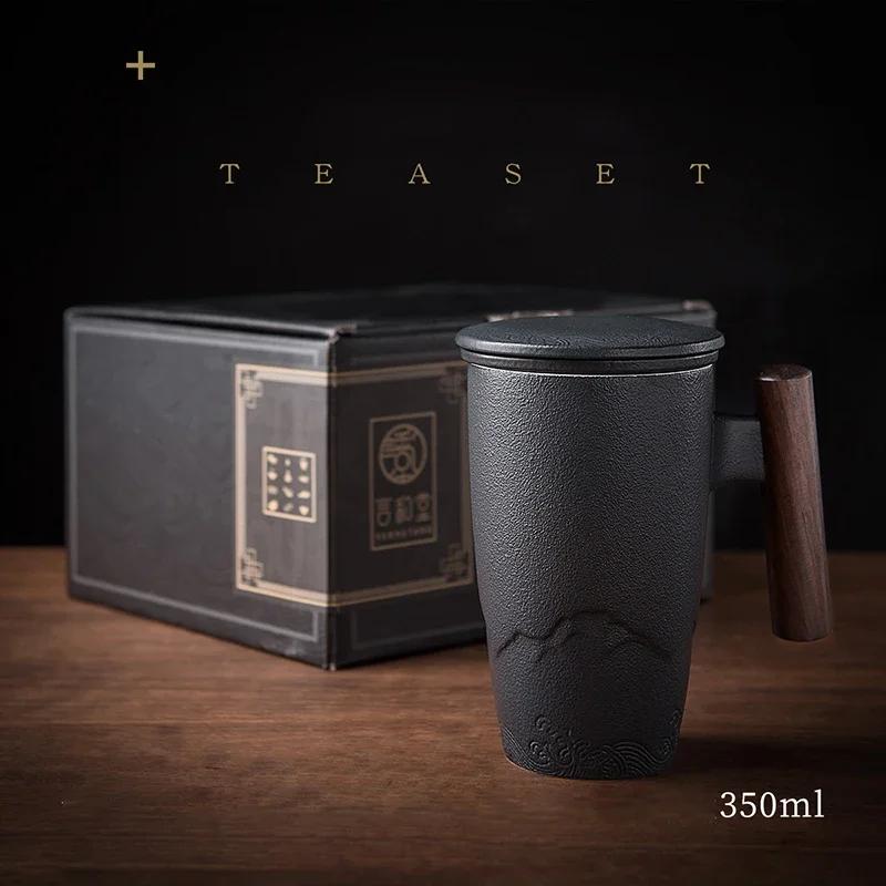 Luxury Retro Tea Cup Ceramic Mug Elegant Large Capacity Office Filter Black Water Cup with Cover Mugs Unusual Wooden Handle Cups Gift Ideas Box