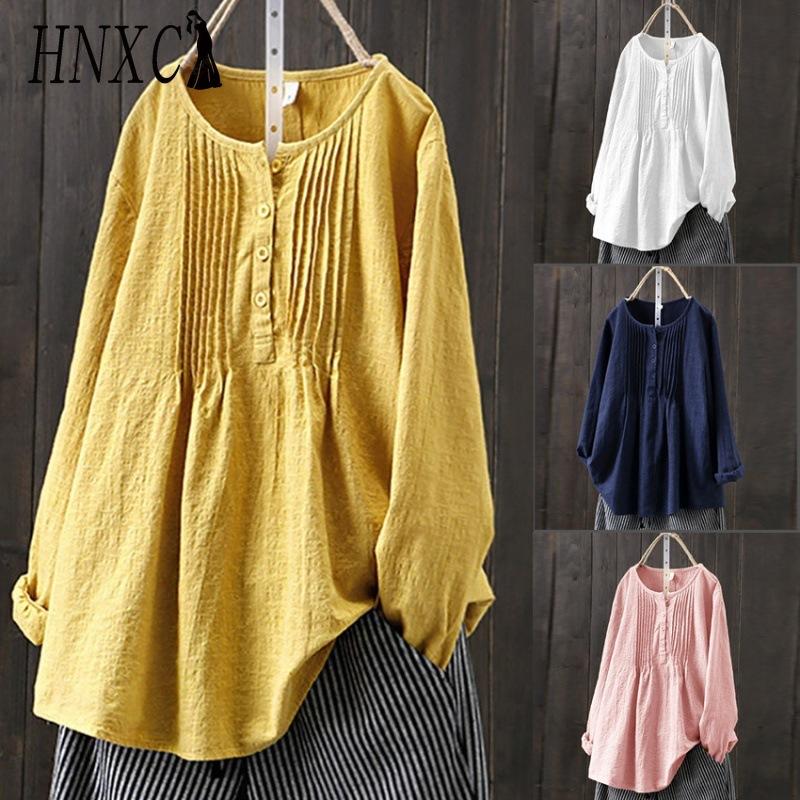 HNXC Loose Cotton and Linen Long-sleeved Women's Pleated O-neck Women's Plus-size Shirt