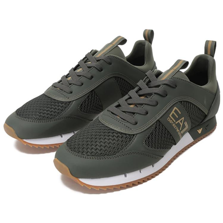 Emporio Armani EA7 PU-Stoff Outdoor Schnür-Sportschuhe Atmungsaktiv Niedrig geschnitten Lifestyle Schuhe Unisex Sneaker Grün Gold X8X027XK050S855