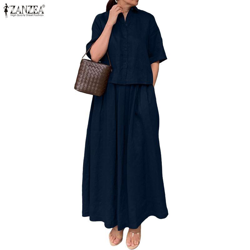 ZANZEA Women Half Sleeve Blouse and Long Skirts Casual Two Piece Suit Sets