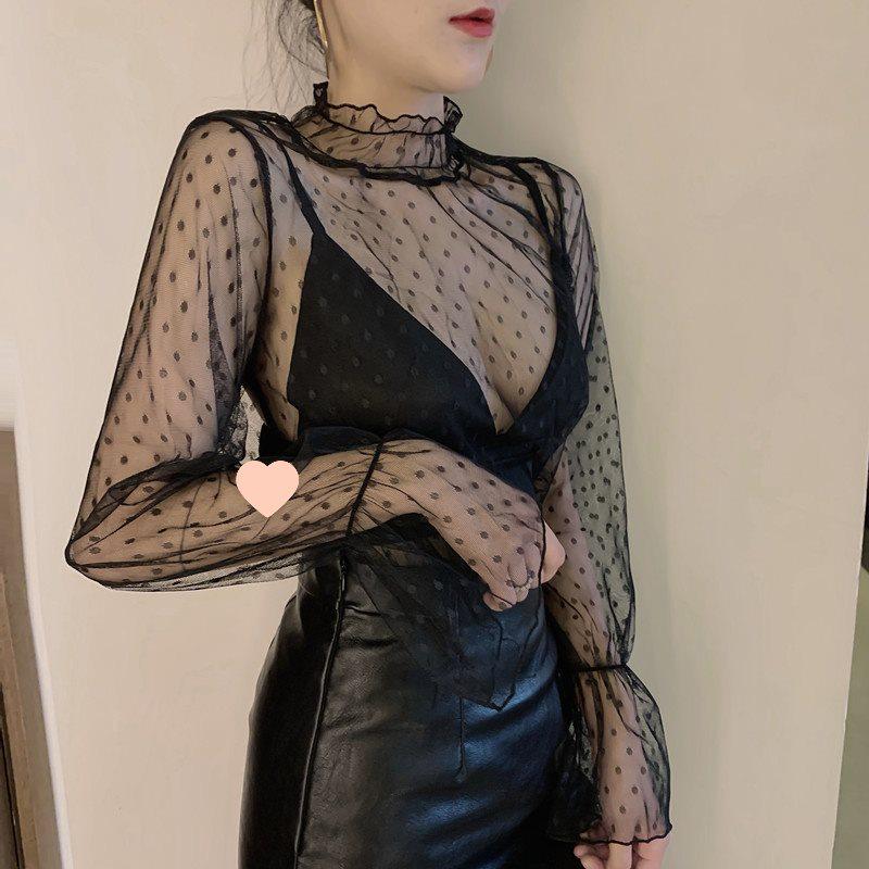 

Топ из сетки в горошек с рукавами-колокольчиками большого размера в корейском стиле со стойкой воротником для весны и осени 5XL (175-200 jin)