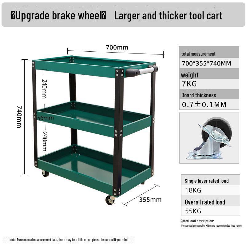 "Green Forest Utility Cart: Three-Layer Tool Trolley & Flatbed for Auto Repair & Beauty Supplies"