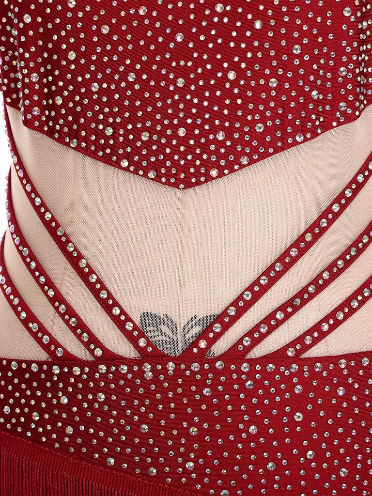 Womens Latin Dance Leotard Sleeveless Mock Neck Patchwork Rhinestones Tassels Adorned Gymnastics Costume