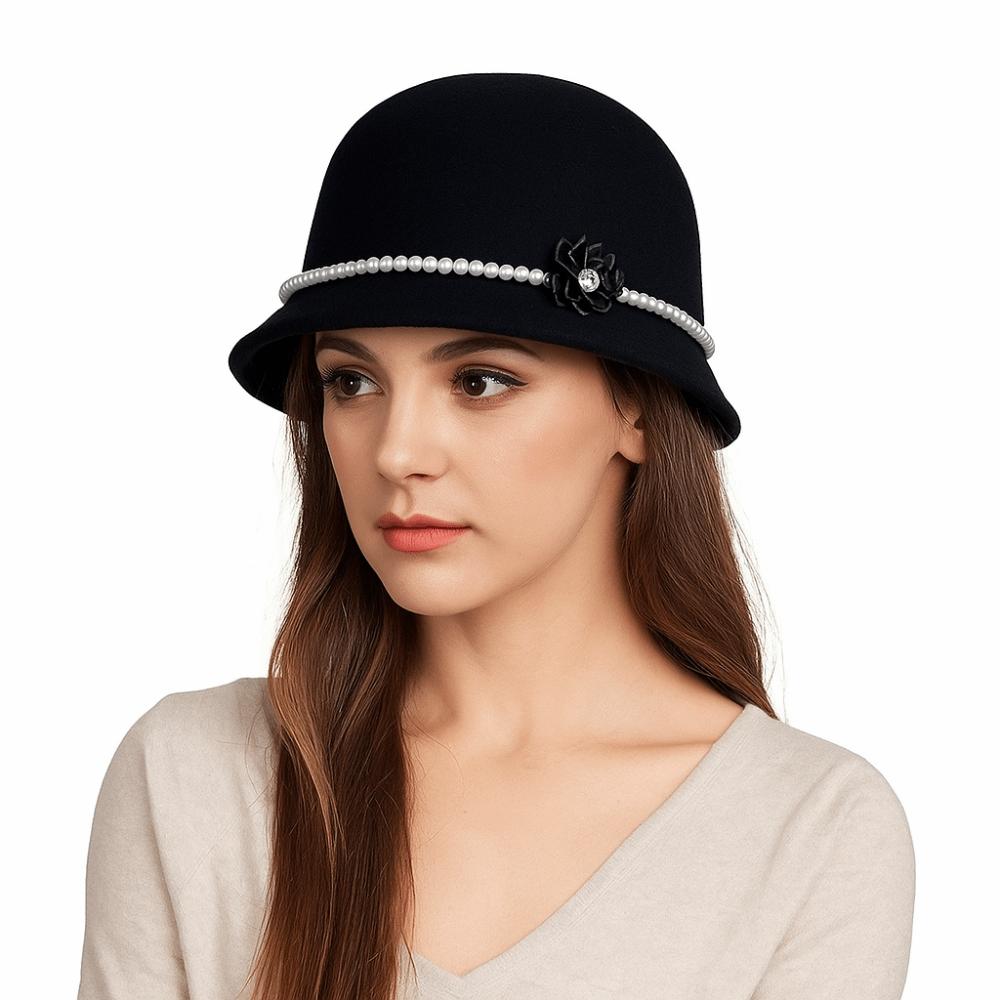 Pearl Flower Topper Hat Solid Color Woolen Bucket Hat Elegant Fisherman Hat  Girl