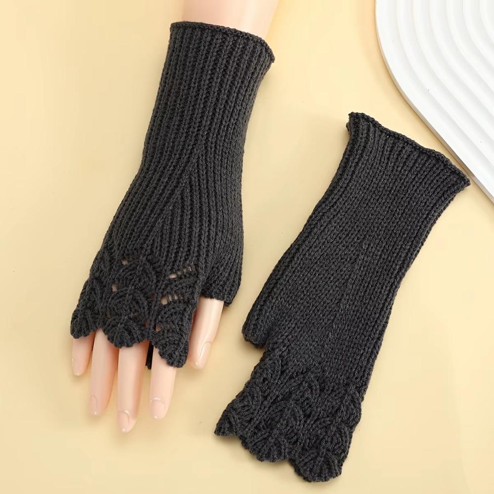 Vintage Winter Wool Gloves Half Finger Crochet Flower Mittens All-Match Fingerless Gloves Winter