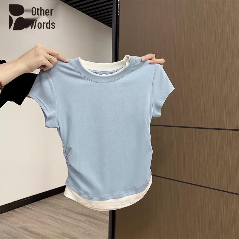 

Women s Fake Two-Piece Pleated Short Sleeve T-Shirt S