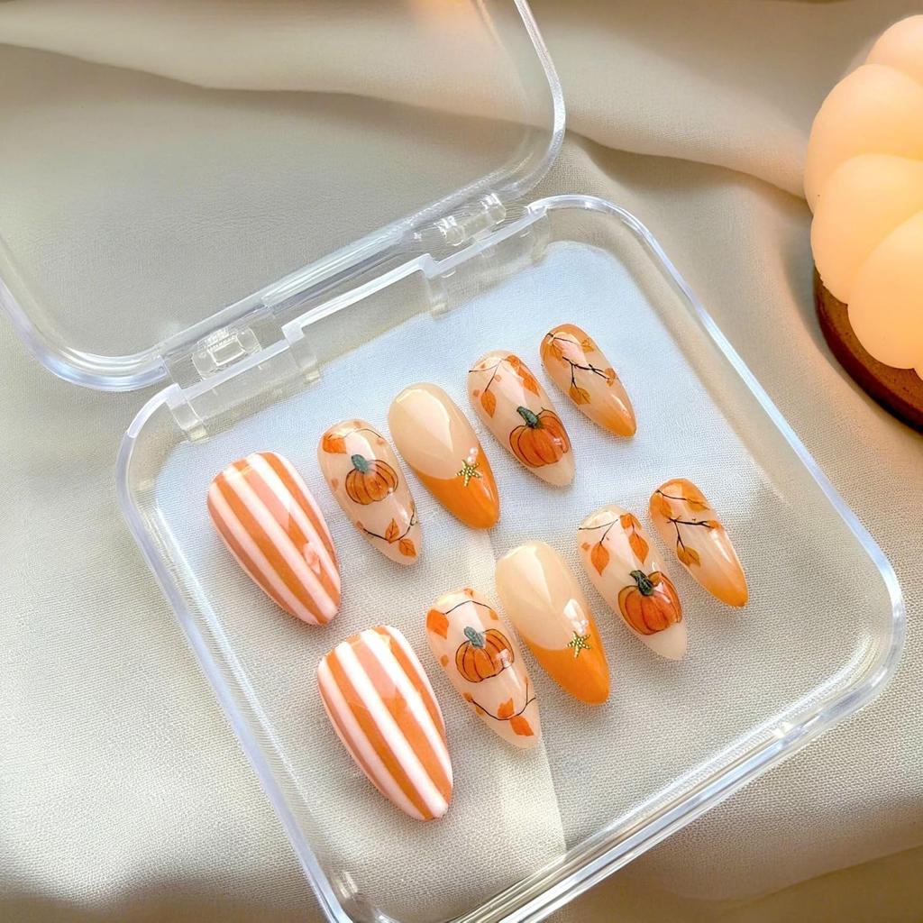 30Pcs Fall Orange Press On Nails Medium Almond Acrylic Fake Nails Polish Painting Autumn Thanksgiving Maple Leaf Pumpkin Glue On Nails Orange French