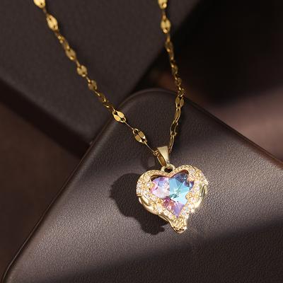 Romance Heart Stainless Steel Cubic Zirconia Necklaces For Women Gold Color Shiny Crystal Necklace Party Daily Jewelry