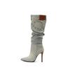 Grey Blue Women Knee High Boots High Stiletto Heel Big Size 50