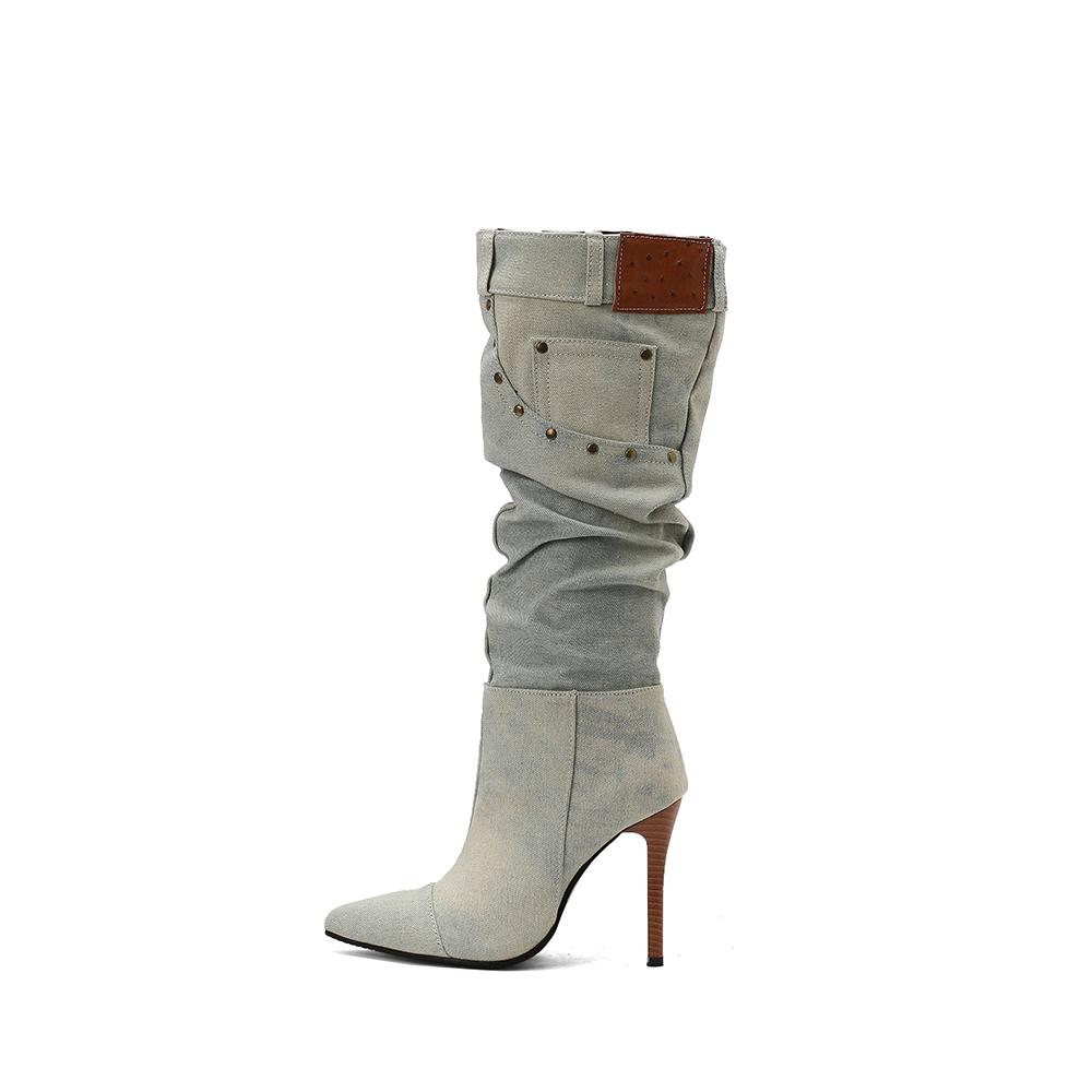Grey Blue Women Knee High Boots High Stiletto Heel Big Size 50