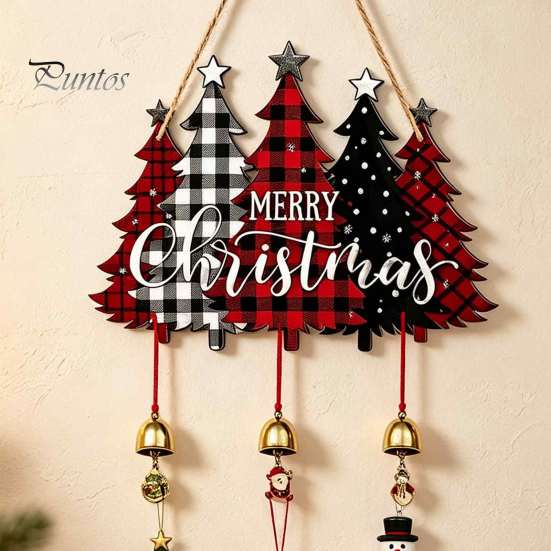 Festive Hanging Ornament Merry Christmas Wooden Wall Door Sign with Bells, Rustic Santa Snowman Indoor Holiday Party Supplies Tree Reindeer Decorative