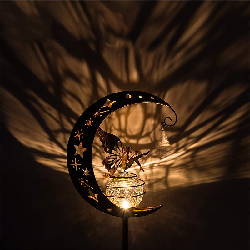 Popular Solar Moon Fairy Lights for Outdoor Garden Decoration with Wrought Iron Ground Insert and Angel Design