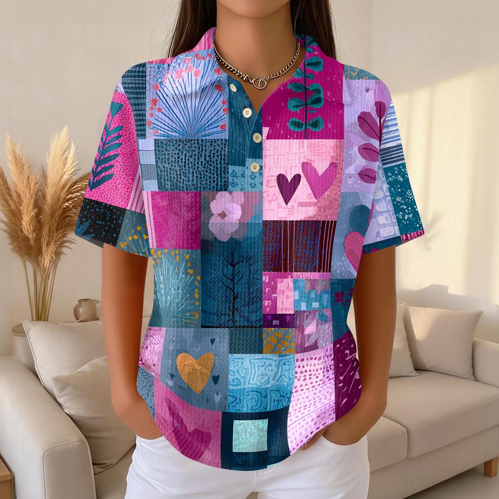 Women’s Short Sleeve Polo Collar Knit Top with Vintage Floral Print Casual Loose Fit Button Front Shirt