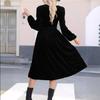 Autumn Winter Fashion V-neck Long Sleeved Dress New Solid Color Outer Wear Women Elegant Commuter Pleated High-waisted A-line Female Office Clothing