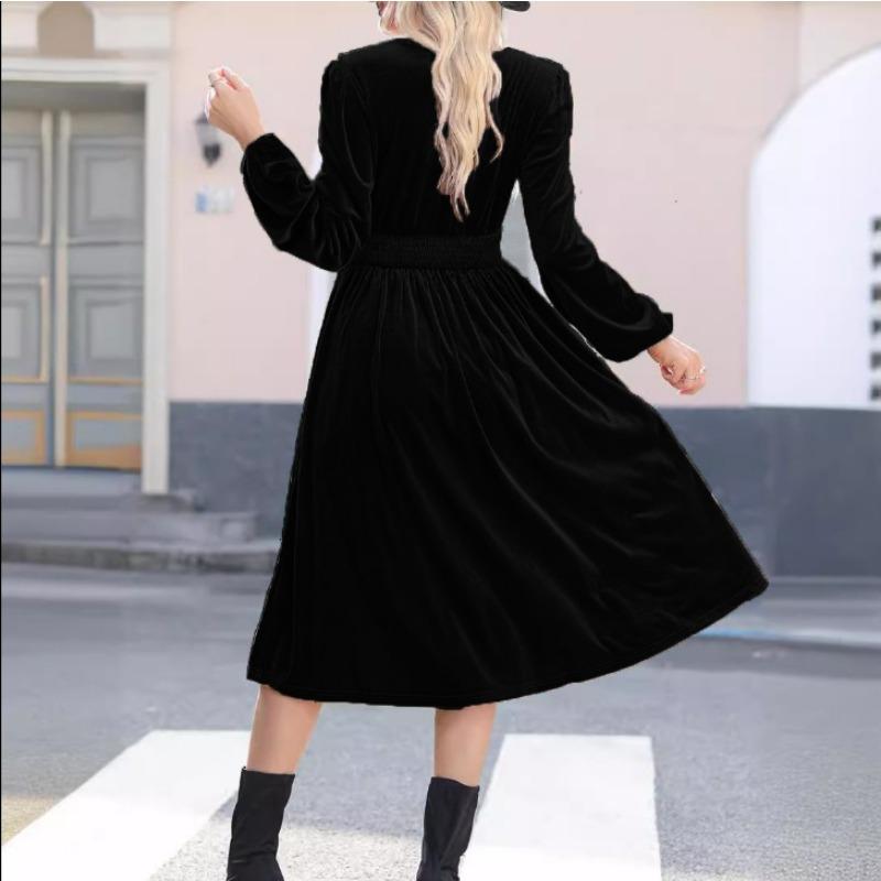 Autumn Winter Fashion V-neck Long Sleeved Dress New Solid Color Outer Wear Women Elegant Commuter Pleated High-waisted A-line Female Office Clothing
